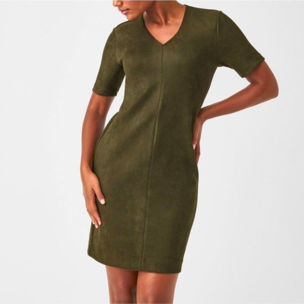 SPANX Faux Suede Short‑Sleeve Shift Dress Size XL Olive Green